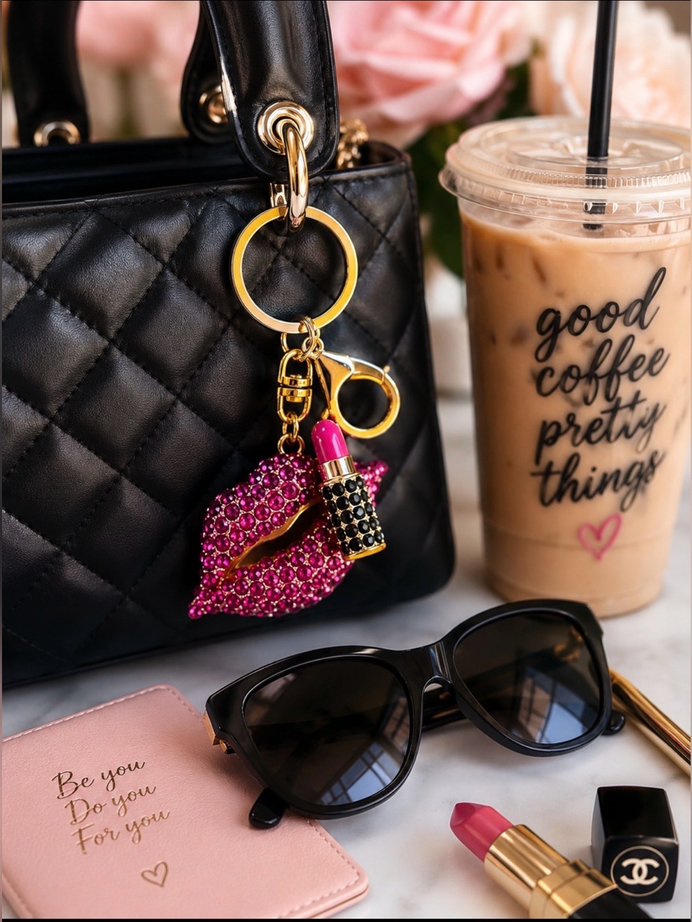 Pink Rhinestone Lips Purse Charm Lipstick Bag Charm Keychain Coquette Glam NWT